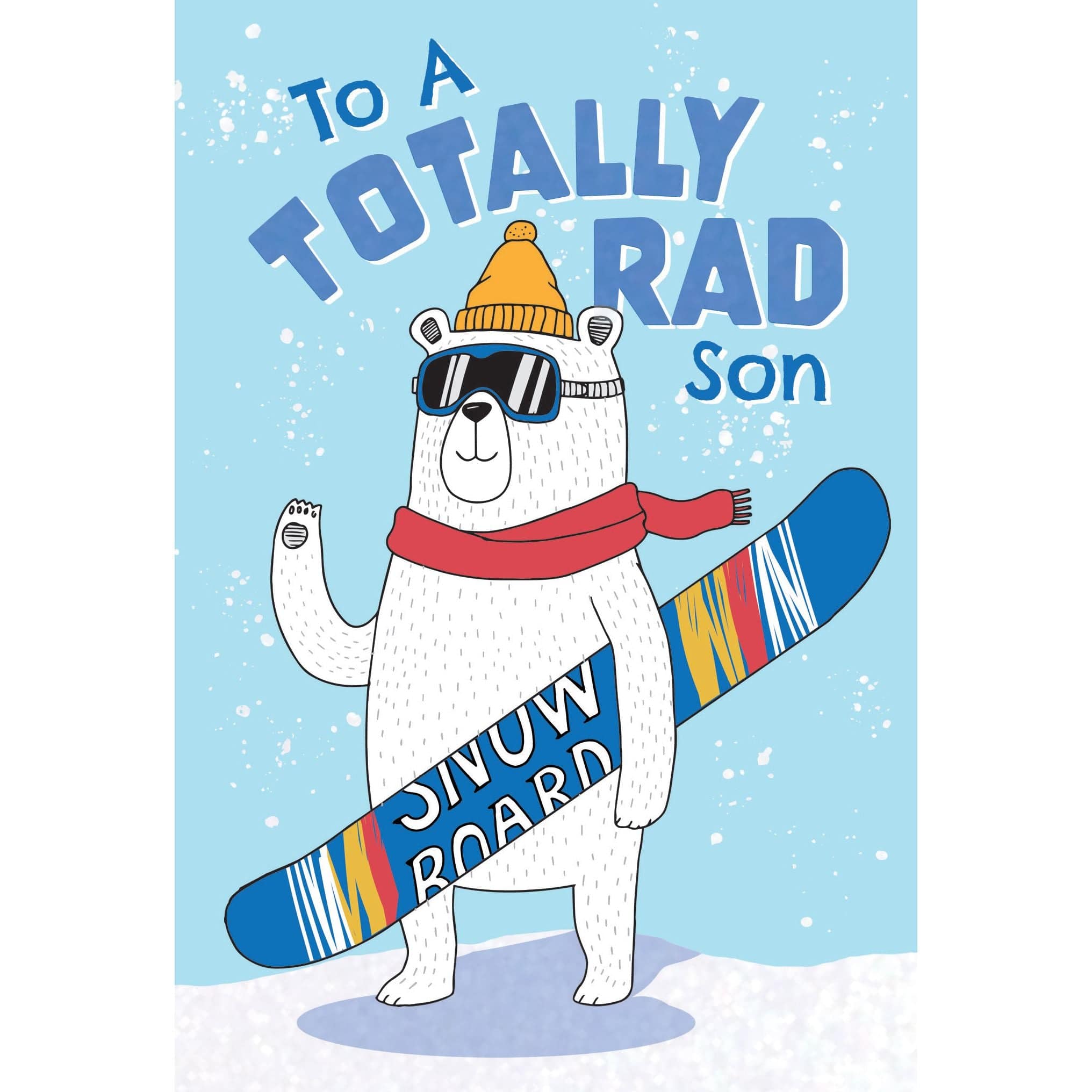 Pictura seasonal snowboarding polar bear Christmas card featuring a cute polar bear on a snowboard, perfect for holiday greetings.